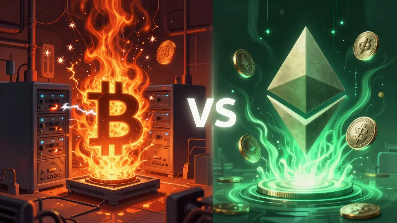 Srovnání těžby Bitcoinu a validace Ethereum v digitálním stylu