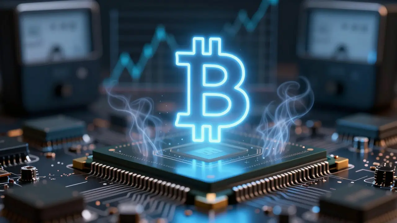 Záběr na přehřívající se čip ASIC mineru s plovoucím symbolem Bitcoinu