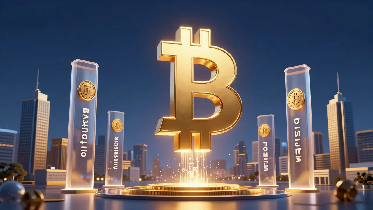 Zlatý Bitcoin podporovaný institucionálními fondy a bankami ve futuristickém stylu