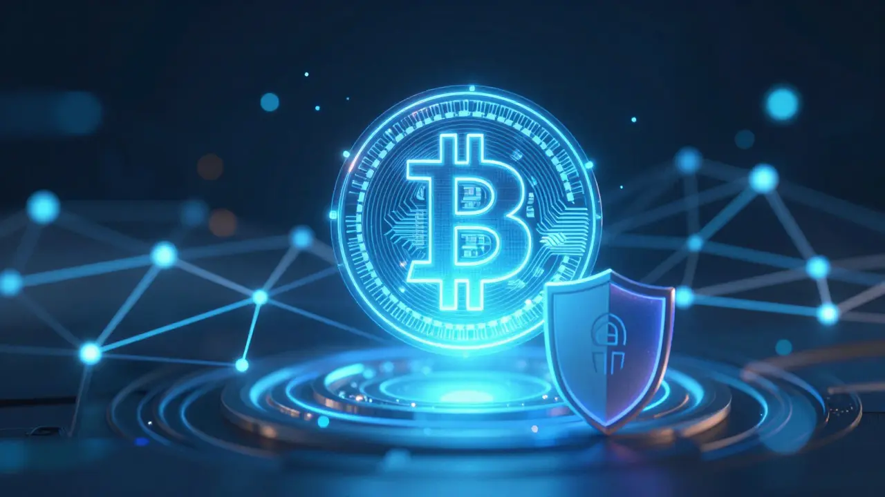 Abstraktní digitální umění zobrazující bezpečnost kryptoměn a blockchain
