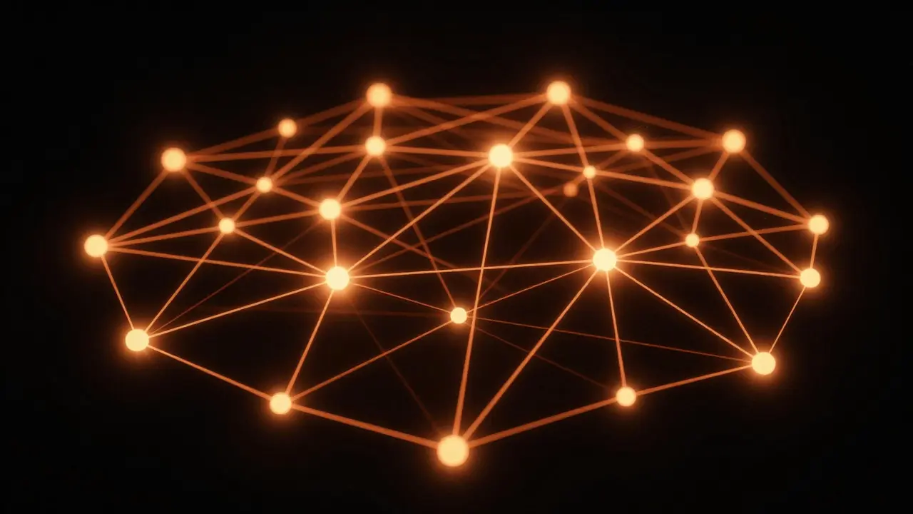 Abstraktní vizualizace blockchain sítě s oranžovými světelnými uzly