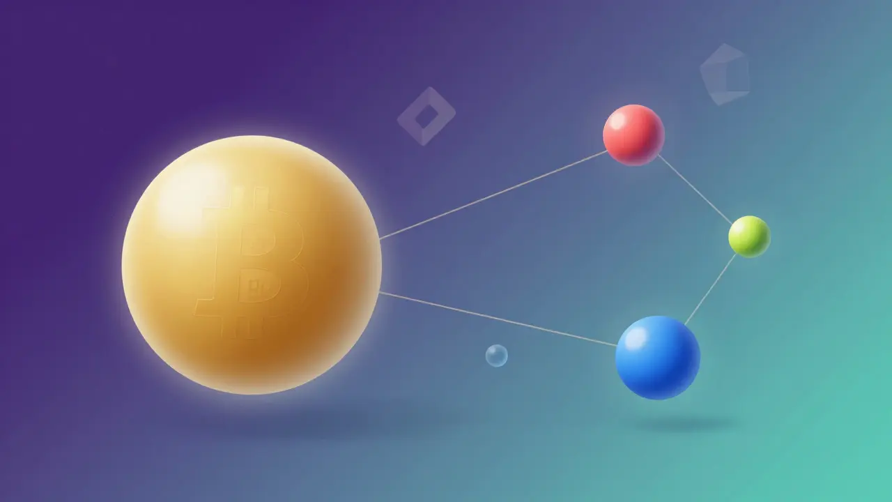 Abstraktní vizualizace vyváženého krypto portfolia s jádrem a satelity