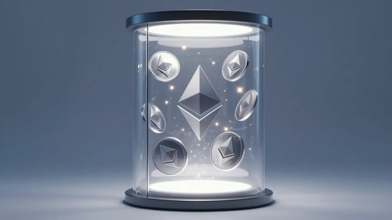 Ethereum mince ve skleněné vitríně emitující světlo jako odměny