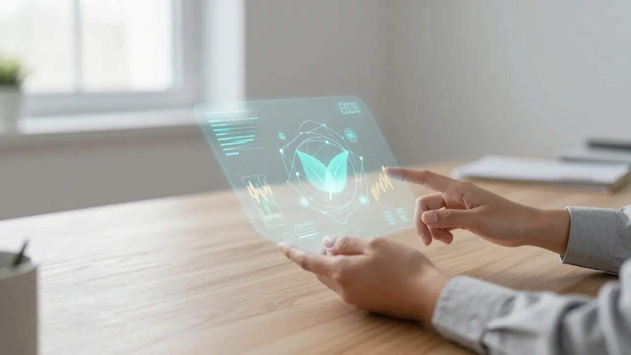 Futuristické holografické rozhraní pro investice s AI
