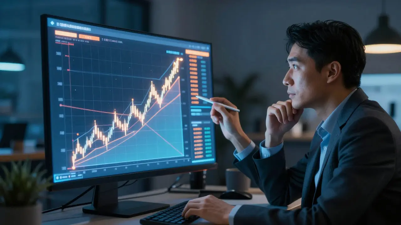 Investor analyzující výnosy dluhopisů na holografickém displeji