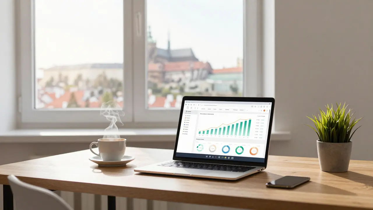 Investor v Praze sledující výnosy na finančním dashboardu