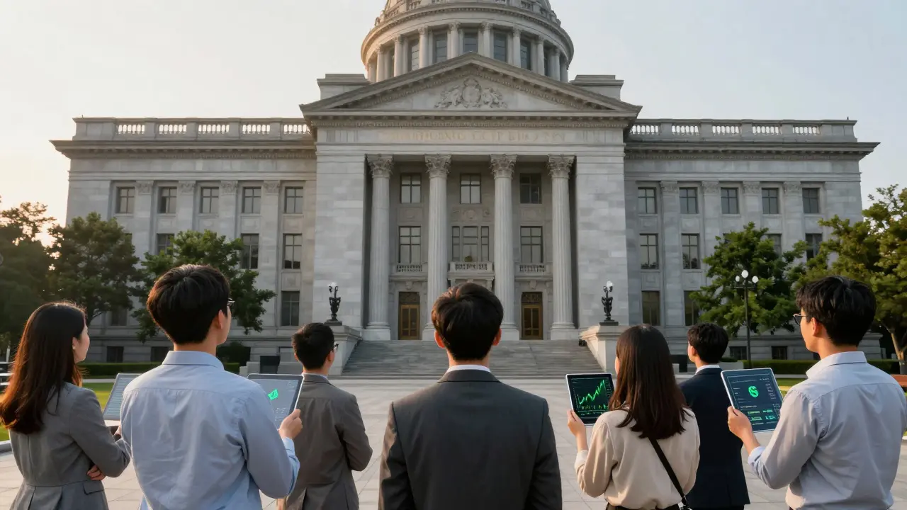 Investors viewing positive data near a government building at dawn