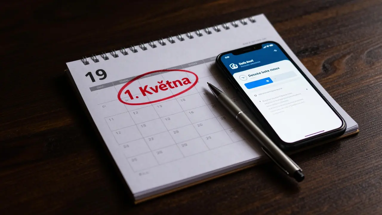Kalendář s datem 1. května a telefon pro podání daňového přiznání