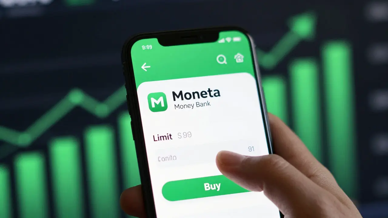 Ruka držící telefon s aplikací pro nákup akcií Monety