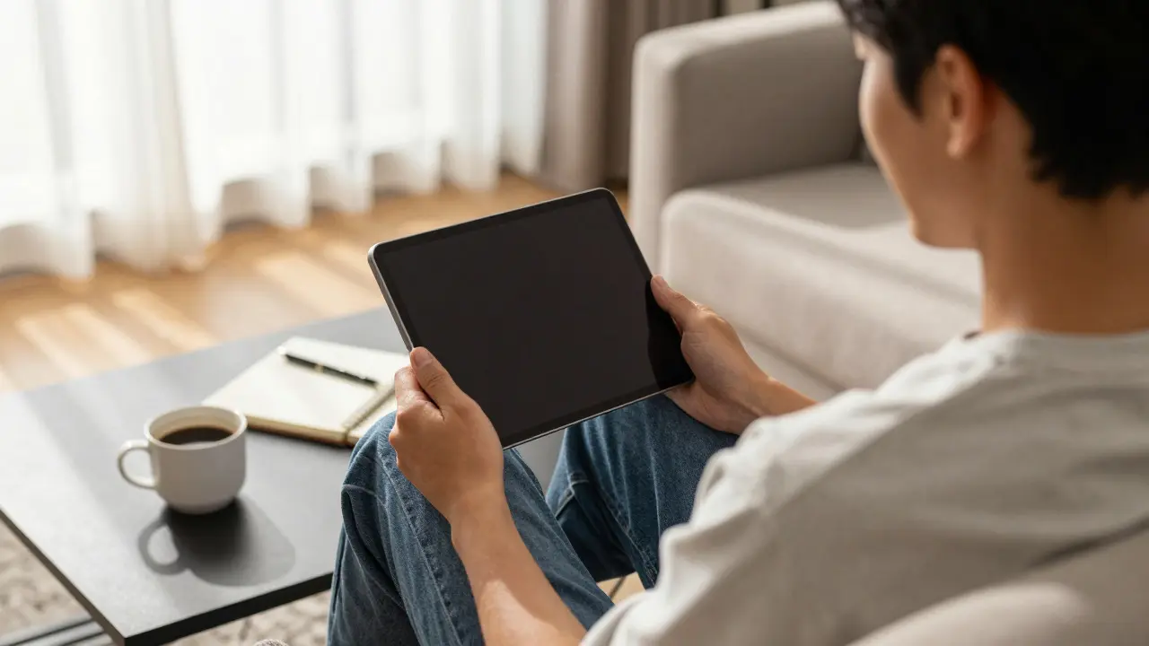 Uklidněný člověk s tabletem v obýváku při plánování