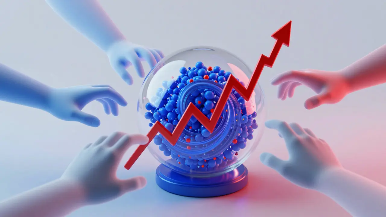 Abstract 3D illustration of a glass sphere with swirling blue and red particles