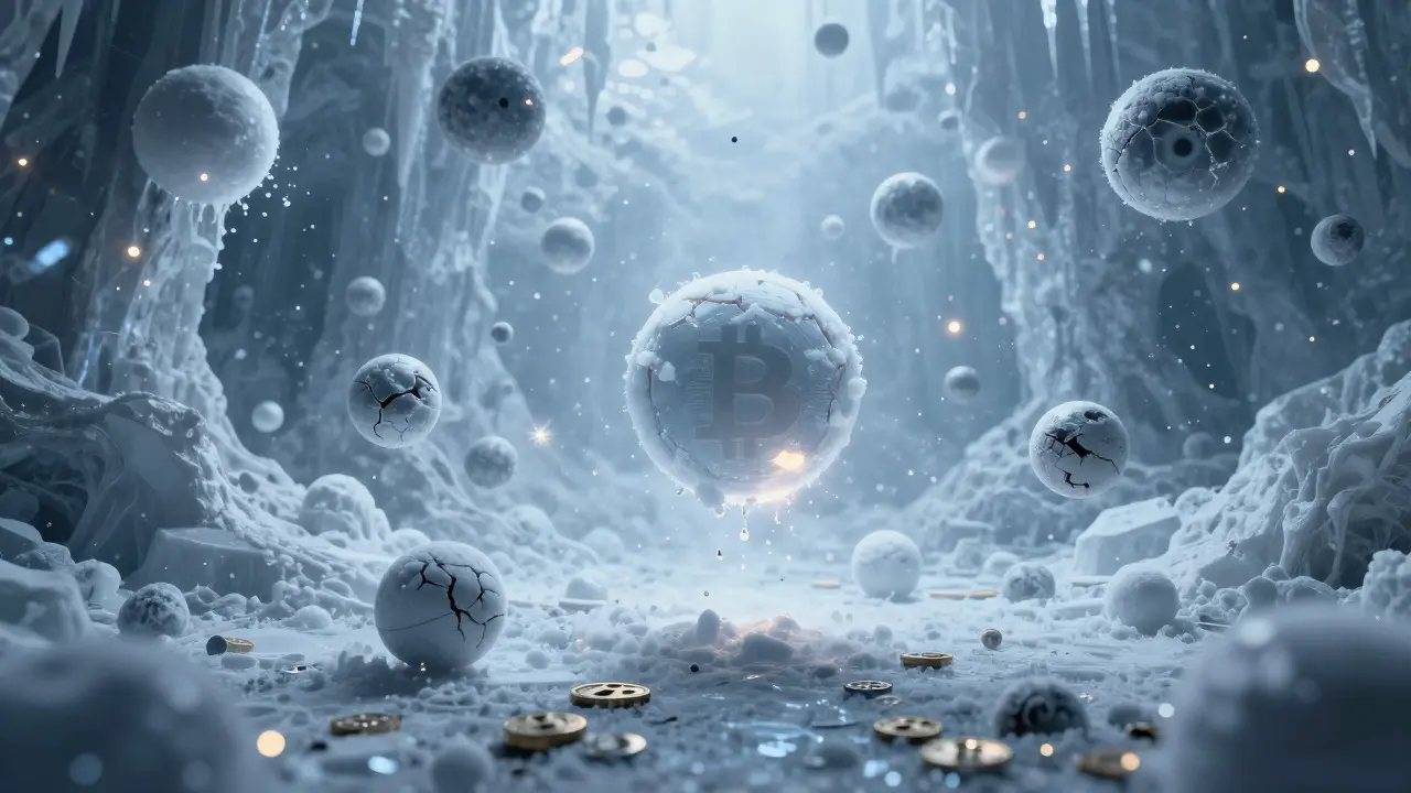Abstraktní ledová jeskyně s plavícími se koulemi symbolizující ztracené bitcoiny