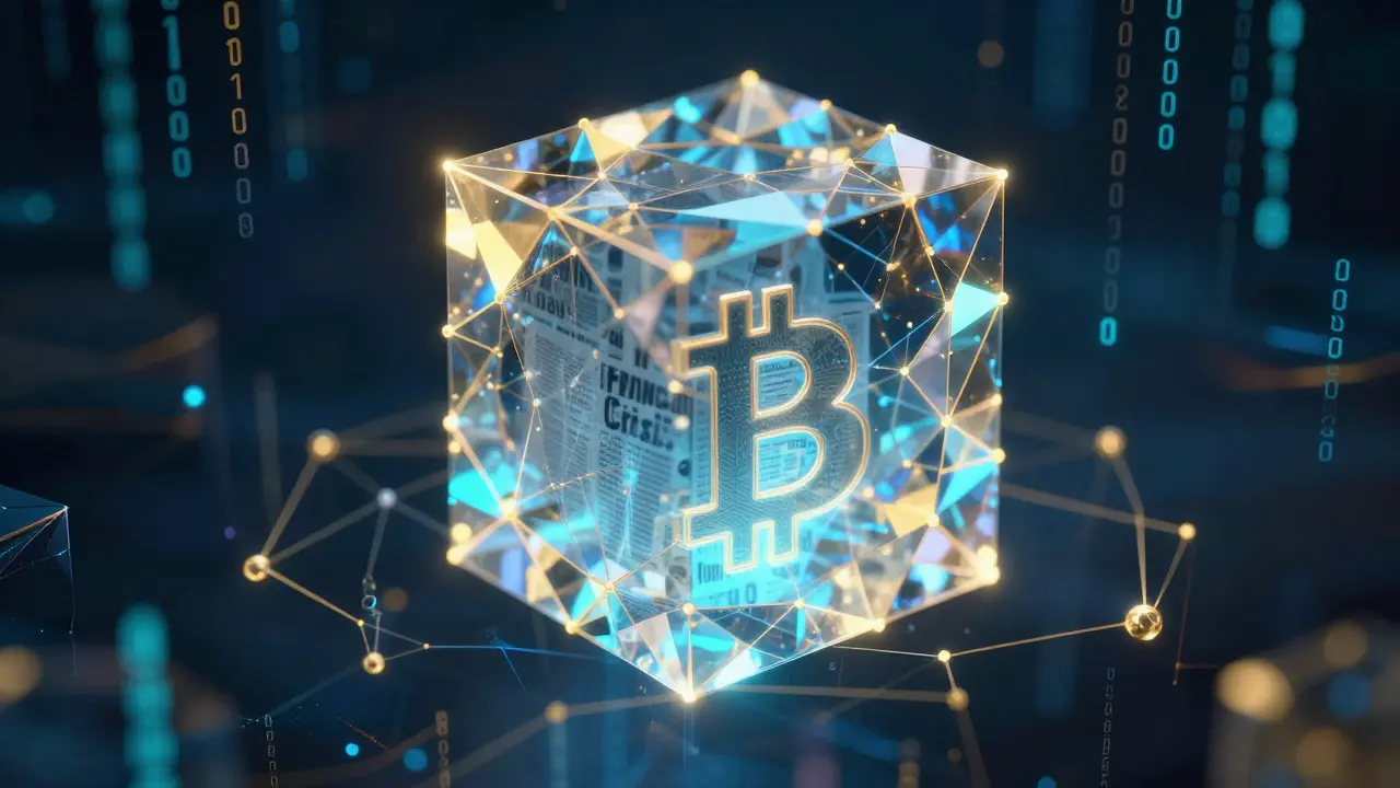 Abstraktní vizualizace Genesis bloku s kódem a symbolikou decentralizace