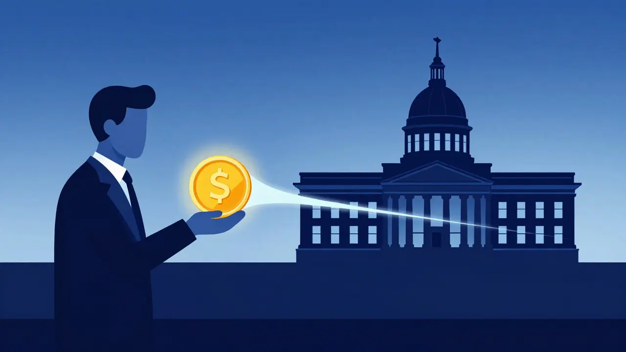 Conceptual art showing investor connecting with state treasury building
