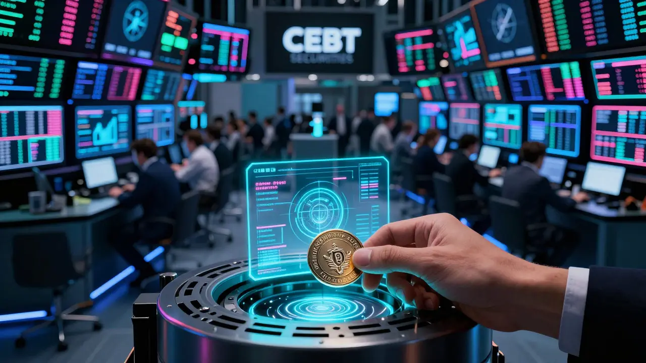 Futuristic stock exchange floor with traders and glowing digital displays
