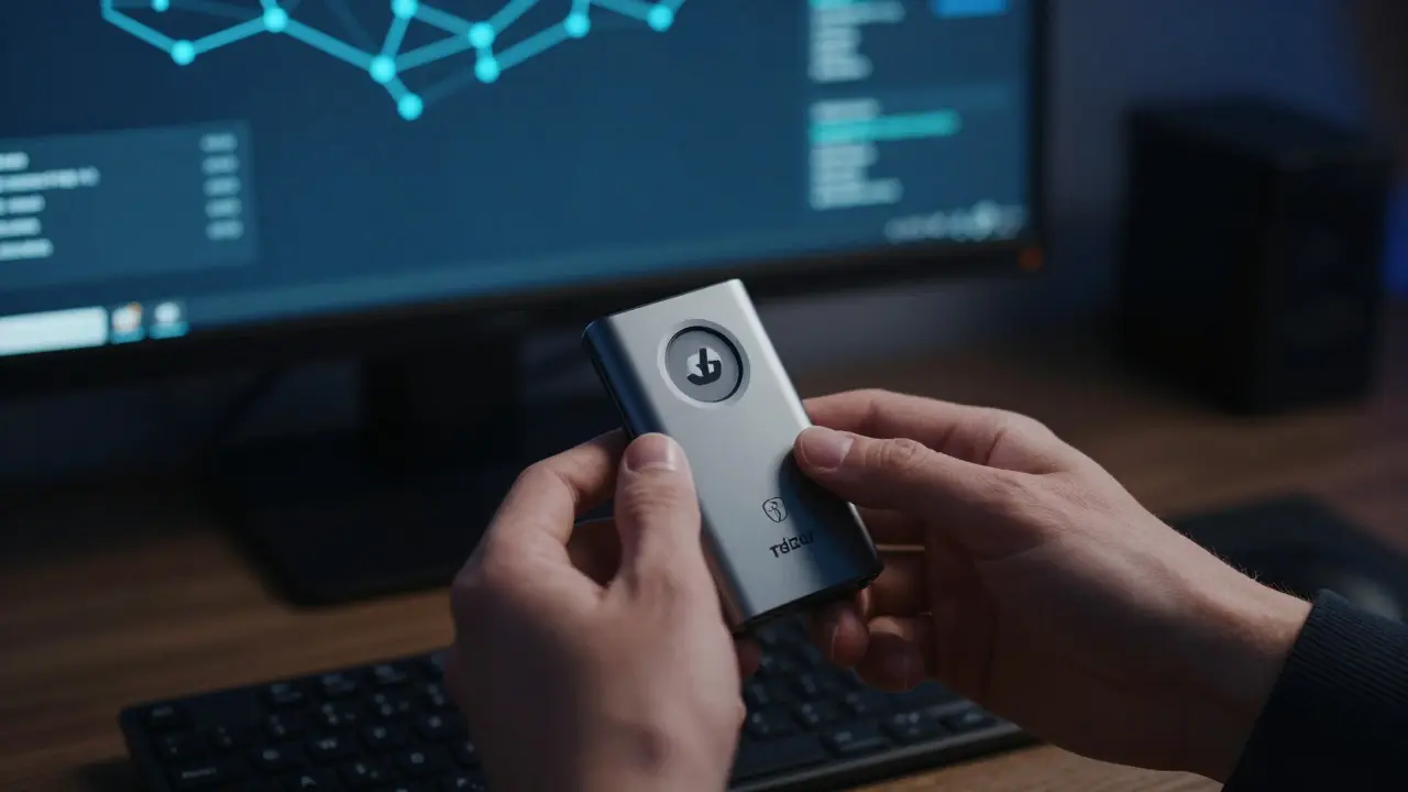 Hardware peněženka pro bezpečné uložení kryptoměn na stole