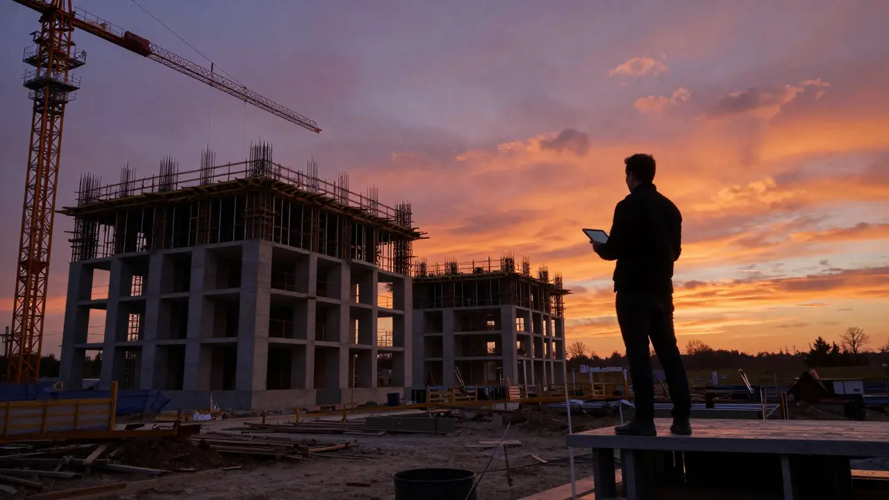 Investor pozoruje stavební dílo novostavby za soumraku