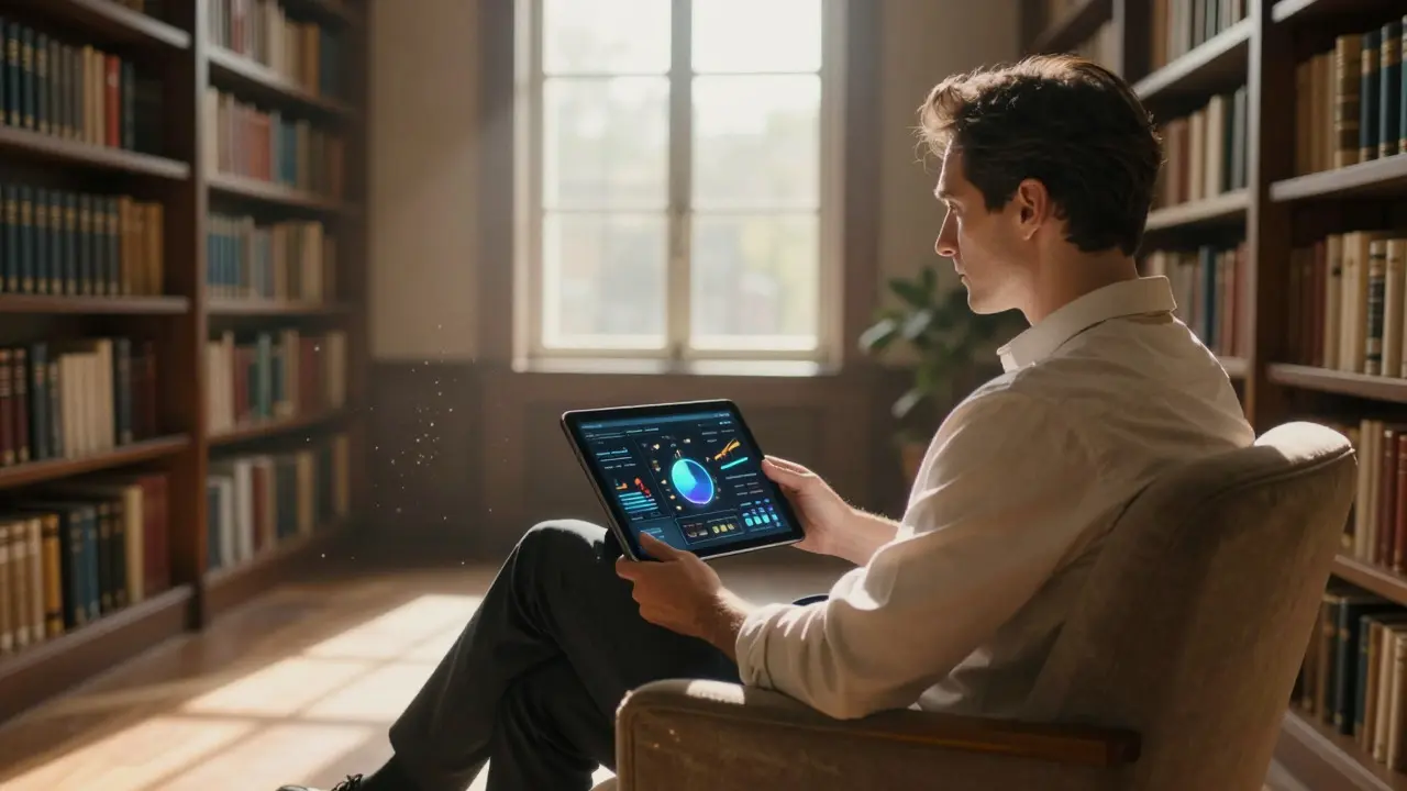 Investor v knihovně sleduje diverzifikované portfolio na tabletu