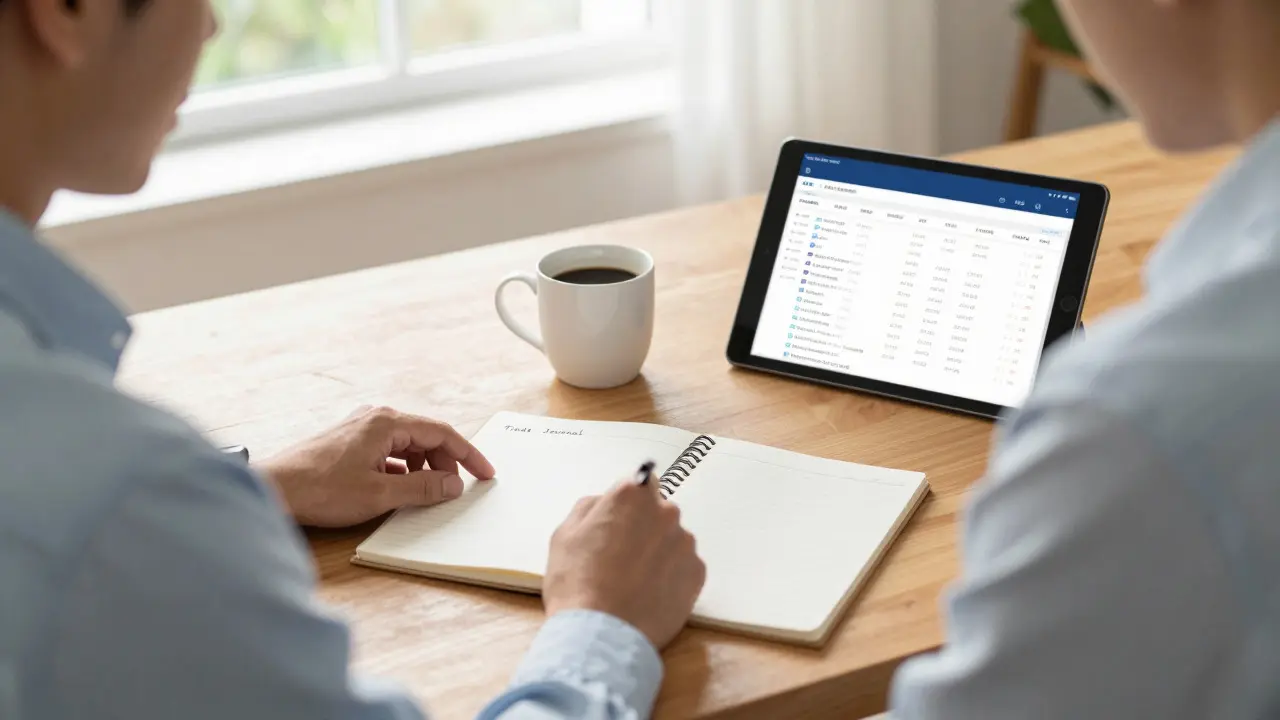 Investor zapisuje do deníku u stolu s tablet ukázujícím diverzifikaci