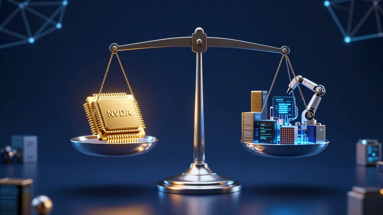 Konceptuální váha s čipem a košem technologií pro srovnání investic