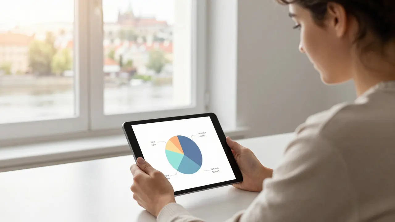 Mladý investor klidně sleduje diverzifikované portfolio na tabletu
