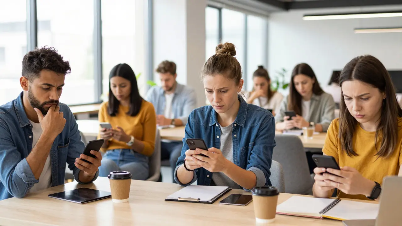 People in a modern workspace calmly checking stock apps on their mobile devices