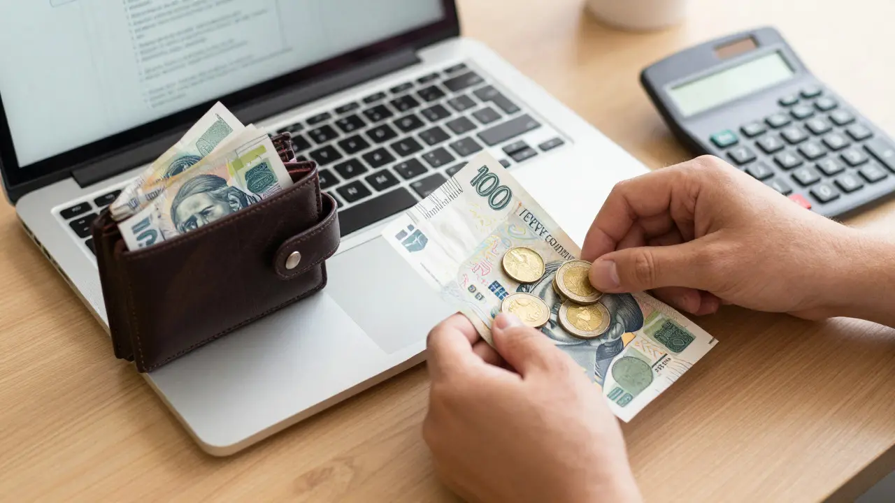 Pracovní stůl s penězi, kalkulačkou a laptopem při plánování investic