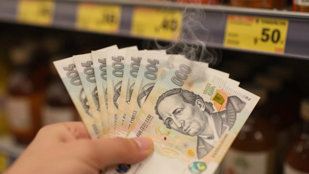 Ruka drží koruny, které se rozpadají do kouře, což symbolizuje inflaci a ztrátu hodnoty