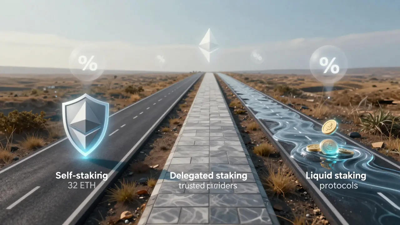 Three digital paths representing different methods of Ethereum staking