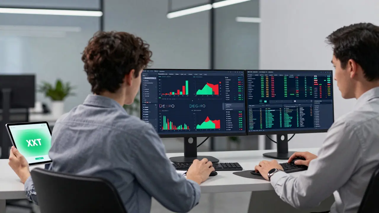 Tři investoři používající různé brokérské platformy na tabletech a monitorech
