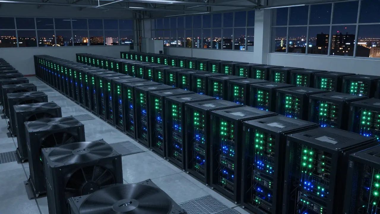 Velká farmy pro těžení kryptoměn s řadami serverů v noci