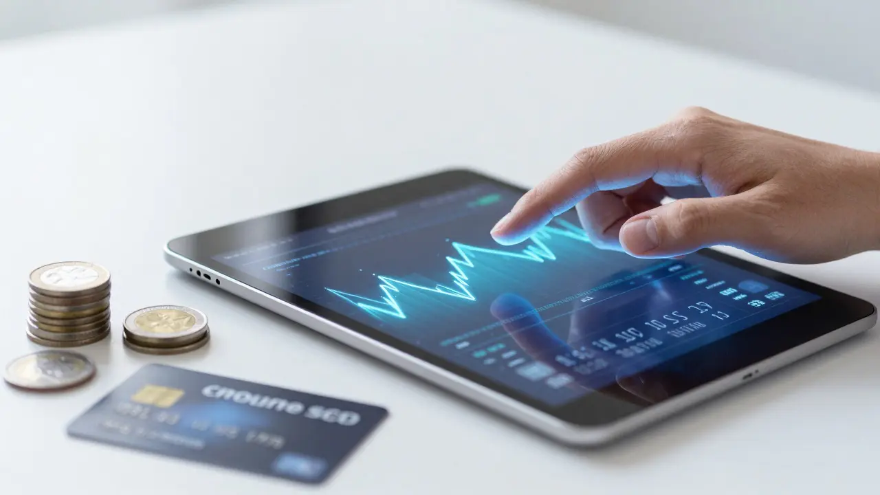 Zblízka ruce držíce tablet a mince, symbolizující online investování