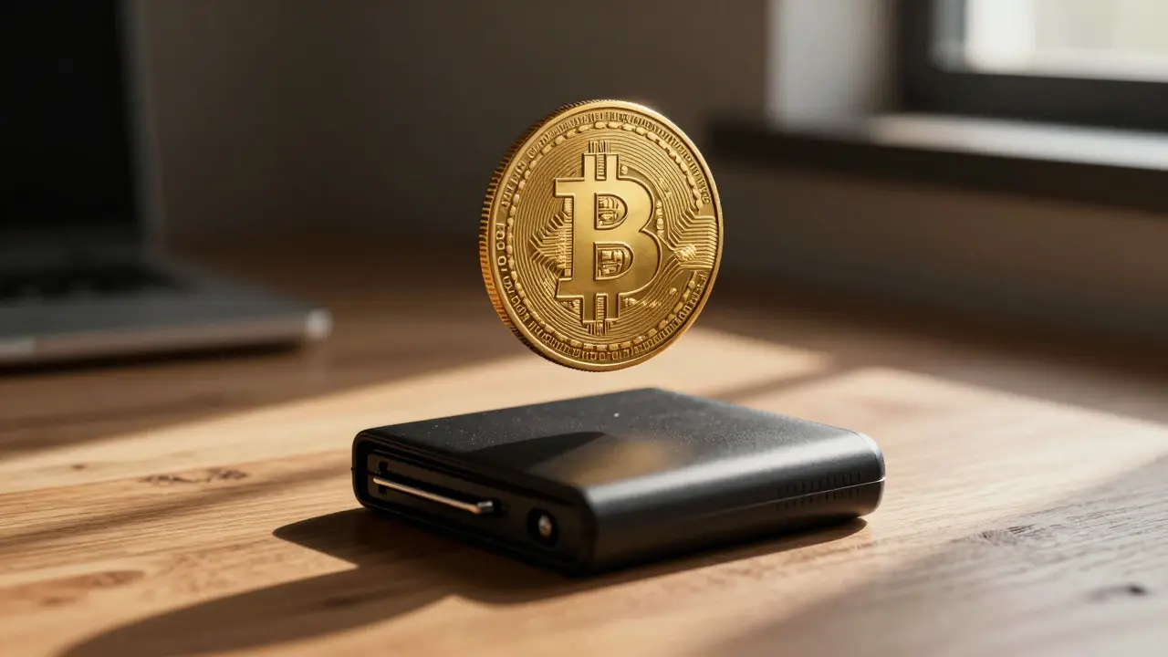 Zlatá digitální mince nad hardwarovou peněženkou symbolizující bezpečné uložení.