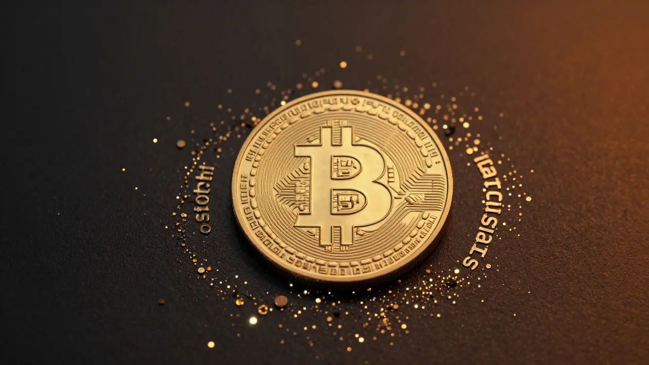 Zlatý bitcoin obklopený tisíci malými jednotkami satoshi