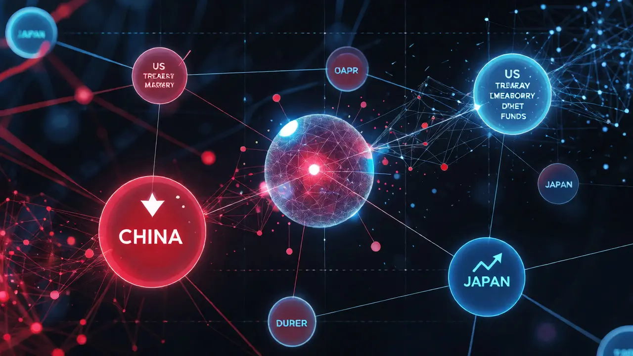 Abstraktní vizualizace finančních vazeb mezi USA, Čínou a Japonskem se šipkami změn.