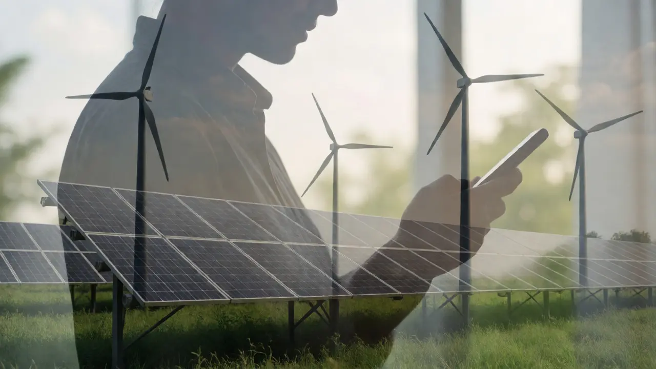 Dvojexpozice siluety investora s větrnými elektrárnami a solárními panely.