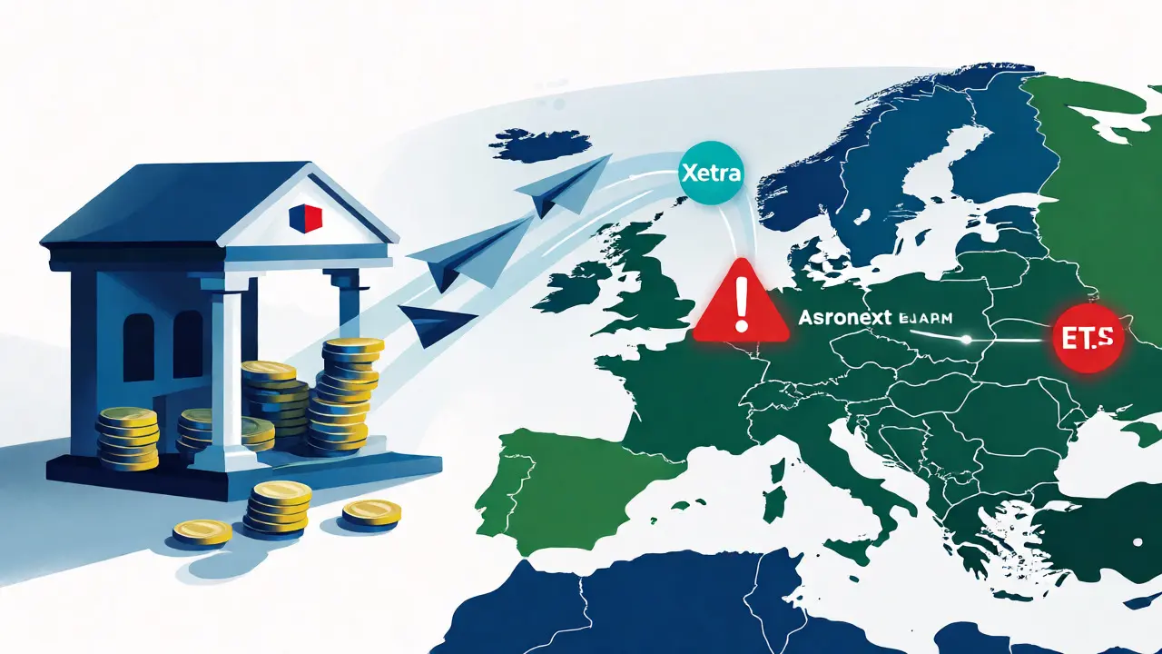 Ilustrace toku investic z lokální banky na evropské burzy Xetra a Euronext