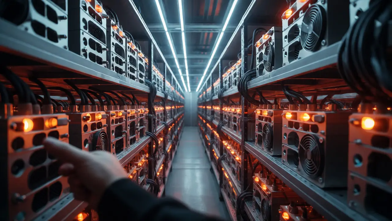 Interiér profesionální těžební farmy s řadami ASIC minerů