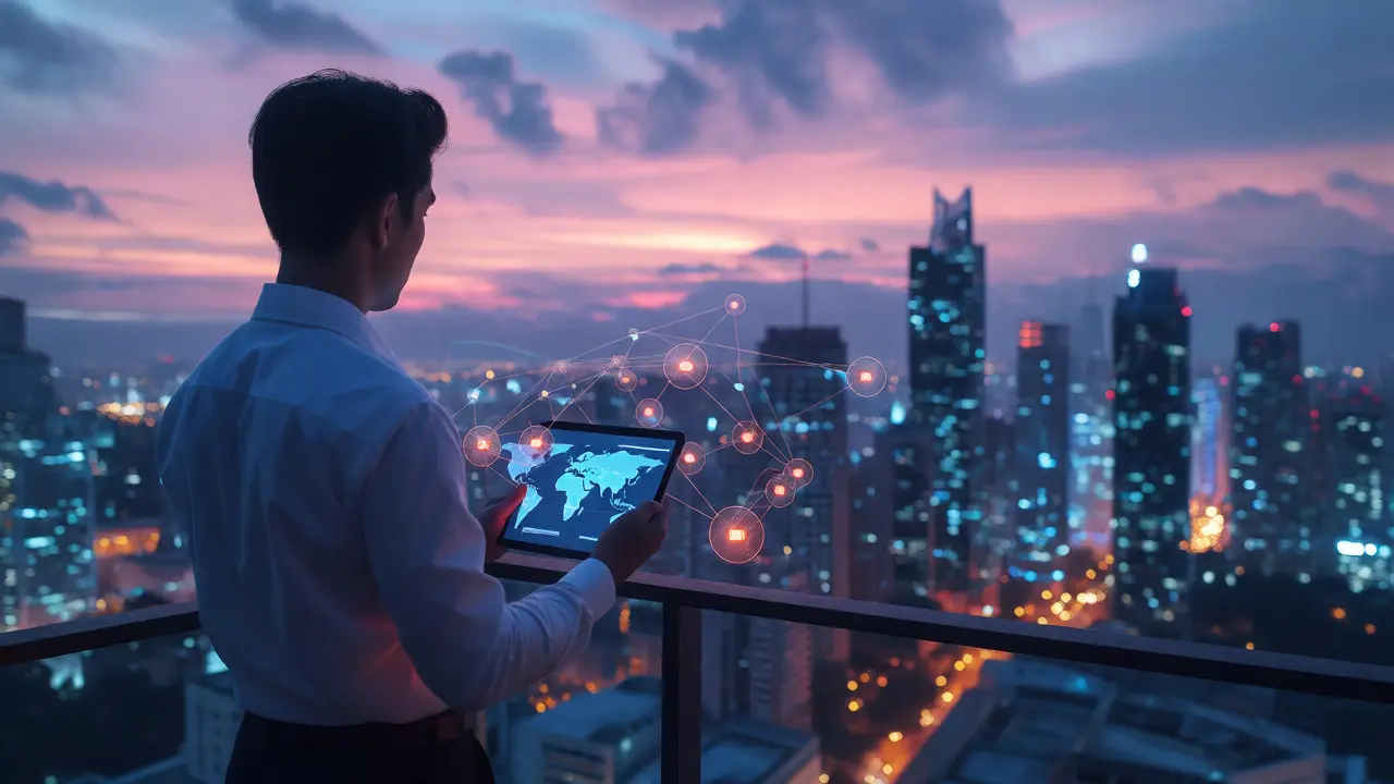 Investor s tabletem sledující globální trhy při západu slunce