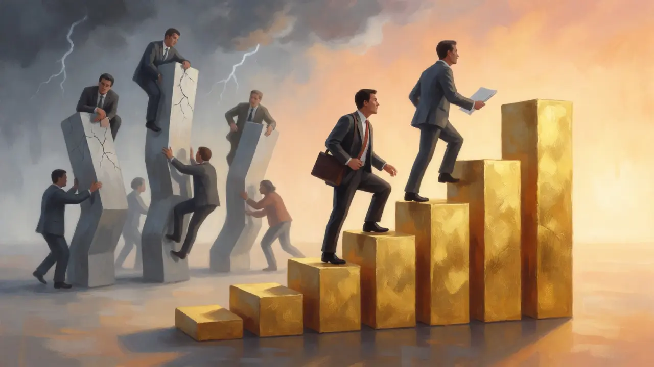Investoři stavějící žebřík z bloků jako strategie diverzifikace proti kolísání trhu.