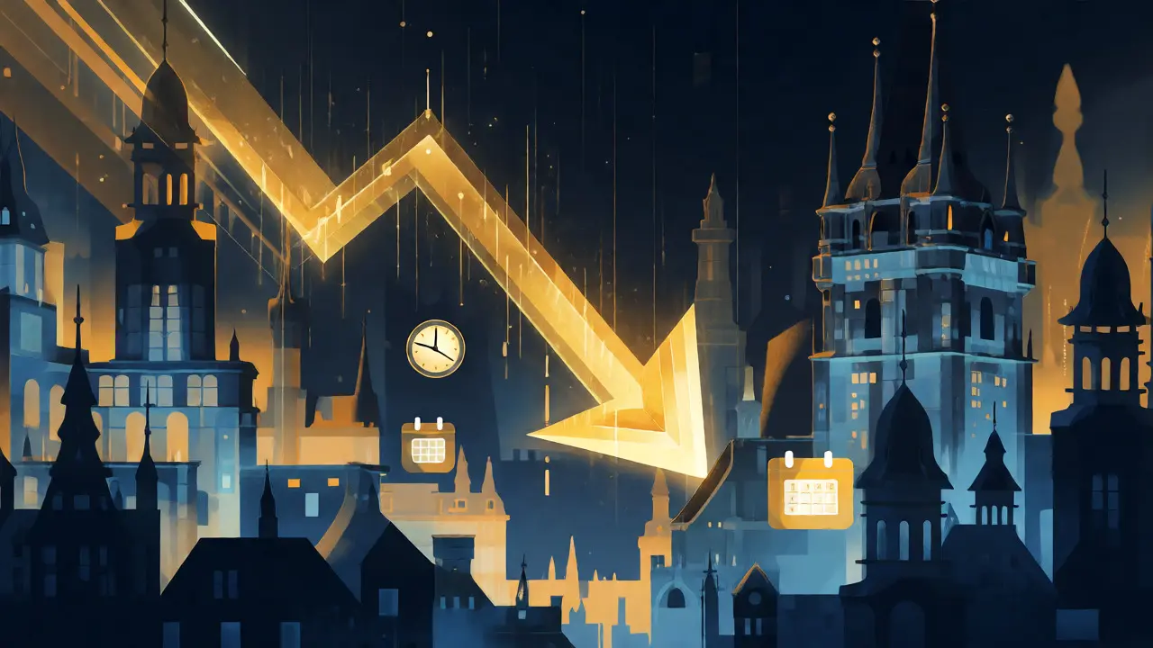 Konceptuální ilustrace klesajících úrokových sazeb nad pražskou siluetou.
