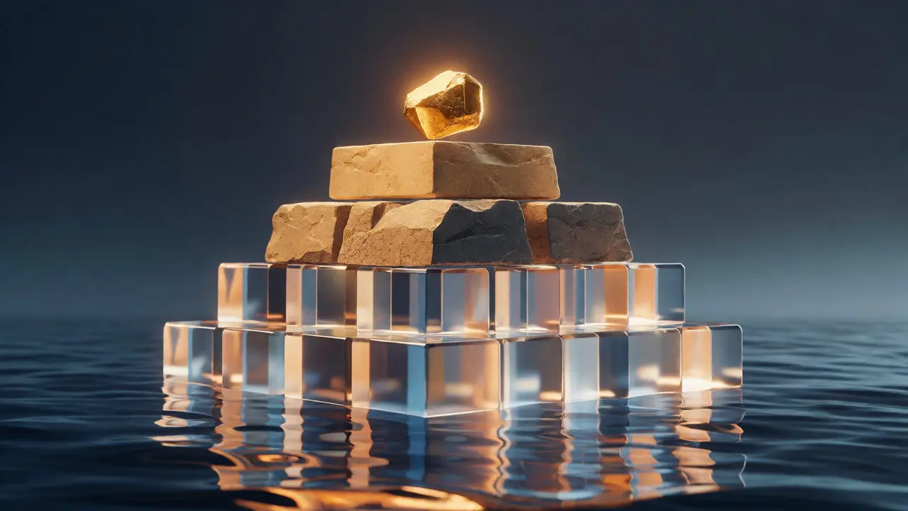 Konceptuální pyramida z finančních nástrojů plovoucí nad klidnou vodní hladinou.