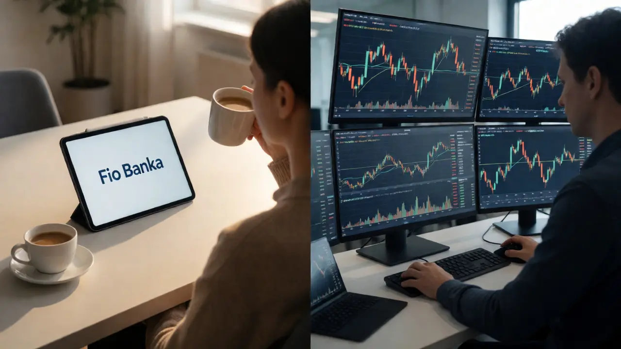 Rozdělená scéna porovnávající klidné obchodování přes banku a aktivní trading na více monitorech