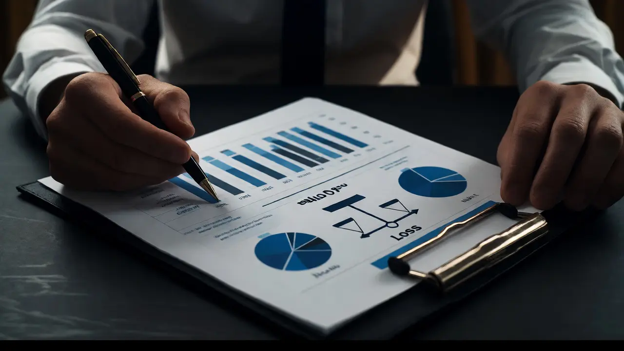 Ruce investora analyzují portfolia s grafy zisků a ztrát při plánování daní z akcií.