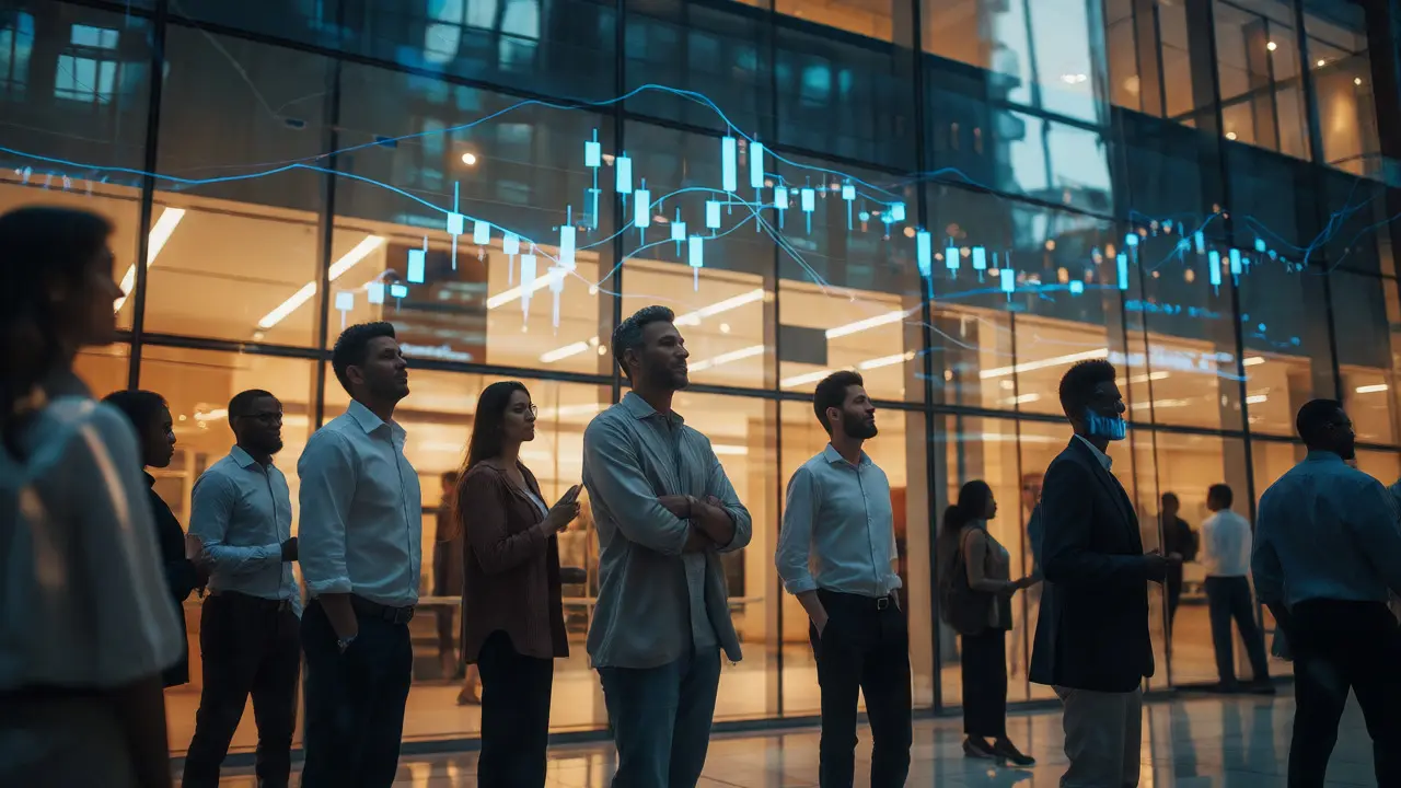 Skupina investorů před finanční budovou odrazující digitální trhy