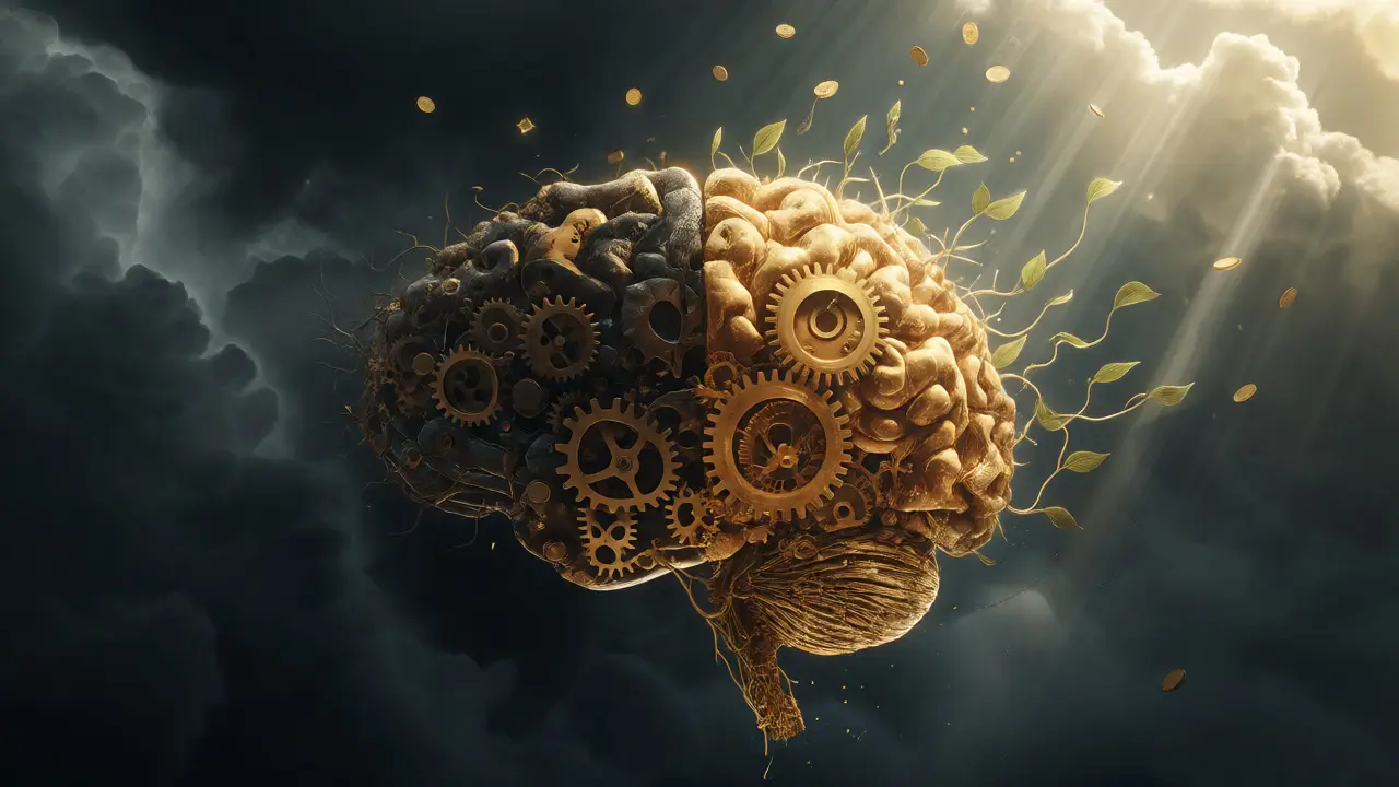 Surrealistický mozek se zlatými ozubenými koly znázorňující psychologii investování